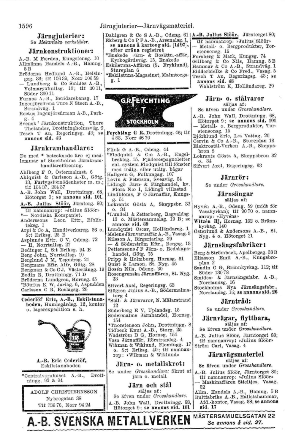 1, I tu namnanrop:»jultus.slöör> se annons" kartong sid. [1497J, _ Metall- o. Bergprodukter, Torefter.röna registret stensonsg. 15 *Enskede.rärn- & Bosättn.-affär, Forsberg & Mai-k, Kungsg.