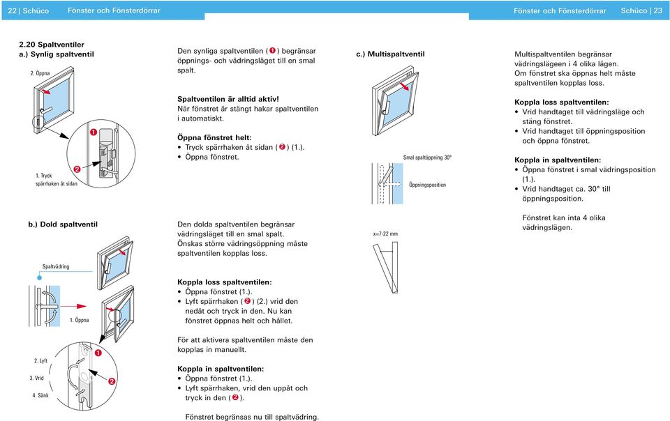 Om fönstret ska öppnas helt måste spaltventilen kopplas loss. 1. Tryck spärrhaken åt sidan Spaltventilen är alltid aktiv! När fönstret är stängt hakar spaltventilen i automatiskt.