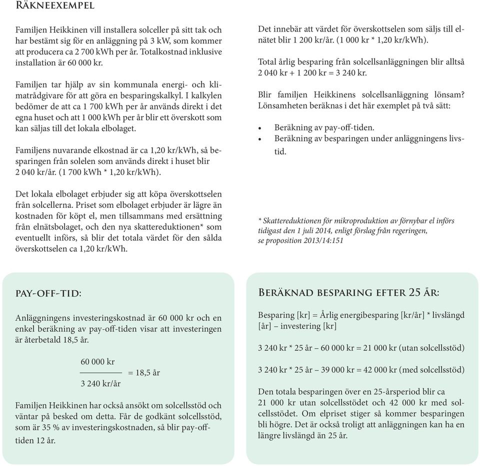 I kalkylen bedömer de att ca 1 700 kwh per år används direkt i det egna huset och att 1 000 kwh per år blir ett överskott som kan säljas till det lokala elbolaget.