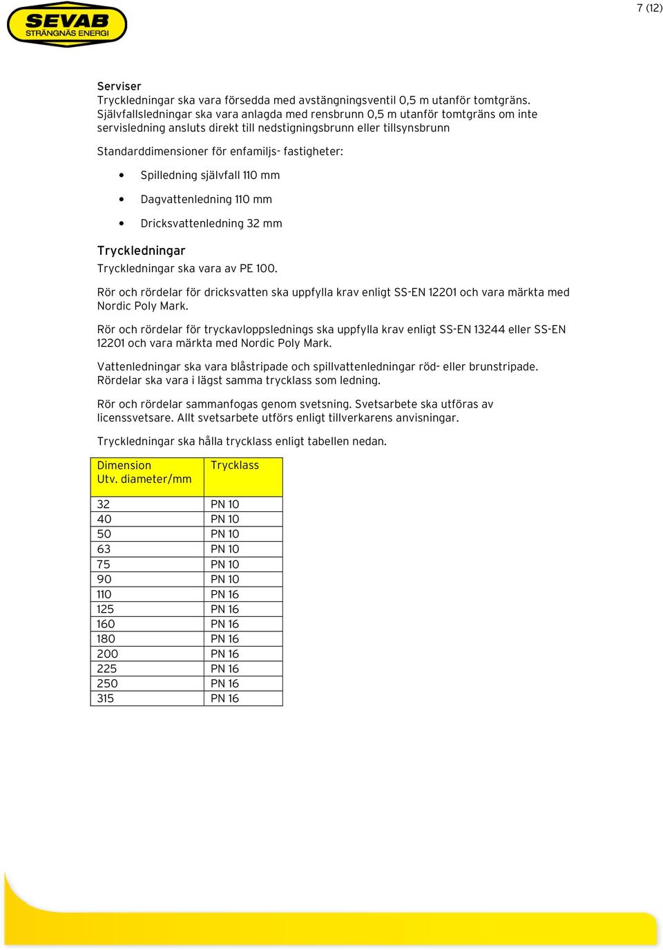 fastigheter: Spilledning självfall 110 mm Dagvattenledning 110 mm Dricksvattenledning 32 mm Tryckledningar Tryckledningar ska vara av PE 100.