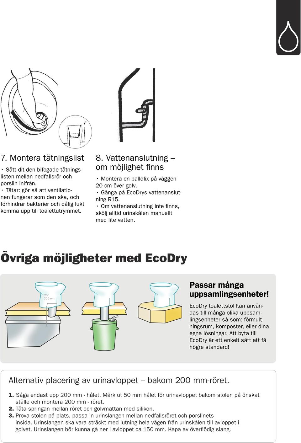 Vattenanslutning om möjlighet finns Montera en ballofix på väggen 20 cm över golv. Gänga på EcoDrys vattenanslutning R15.