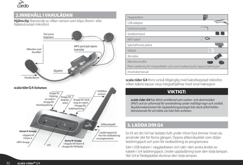 Användarmanual Flexibel Boom scala rider G4 Enheten Knapp för Höjning av volym / Knapp för framåtspolning Knapp för Mobiltelefon Knapp för Sänkning av volym / Knapp för bakåtspolning Utfällbar antenn