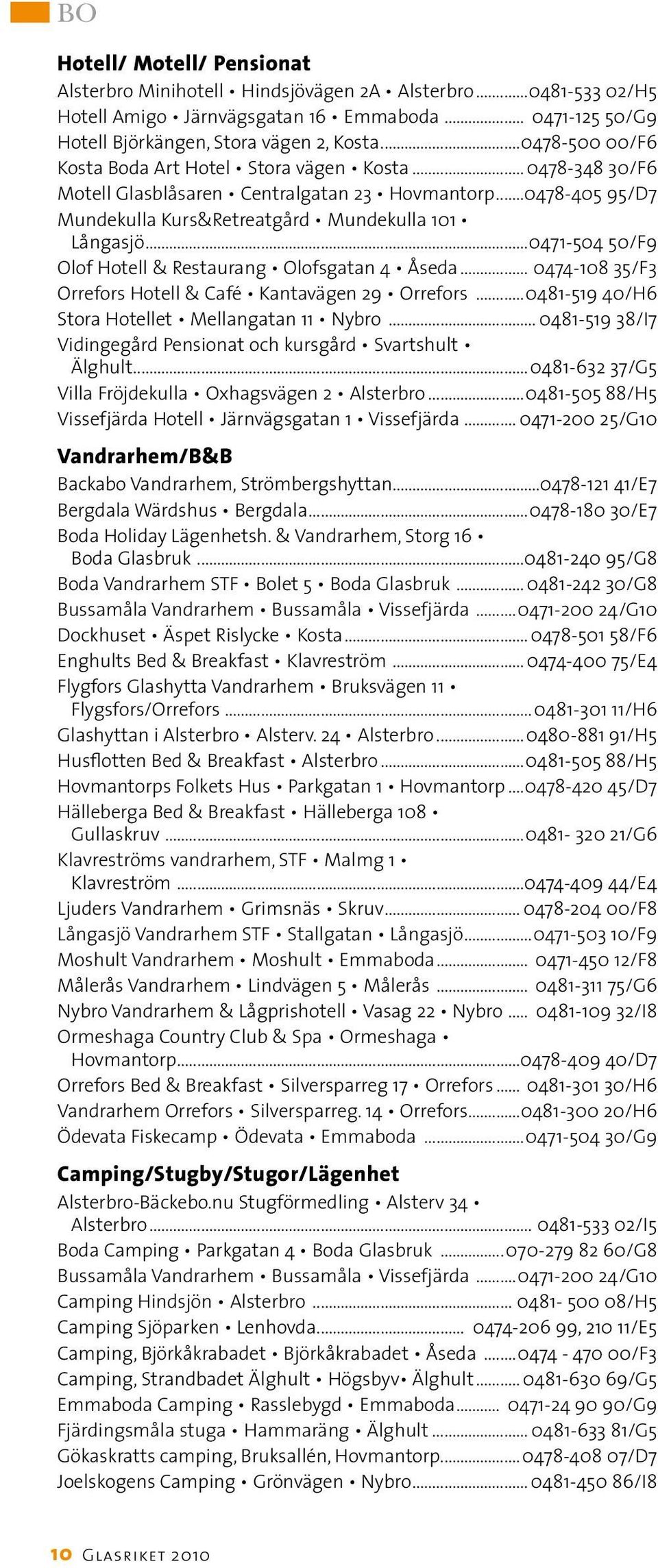 ..0471-504 50/F9 Olof Hotell & Restaurang Olofsgatan 4 Åseda... 0474-108 35/F3 Orrefors Hotell & Café Kantavägen 29 Orrefors...0481-519 40/H6 Stora Hotellet Mellangatan 11 Nybro.