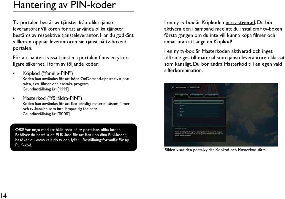 För att hantera vissa tjänster i portalen finns en ytterligare säkerhet, i form av följande koder: Köpkod ( familje-pin ) Koden kan användas för att köpa OnDemand-tjänster via portalen, t.ex.