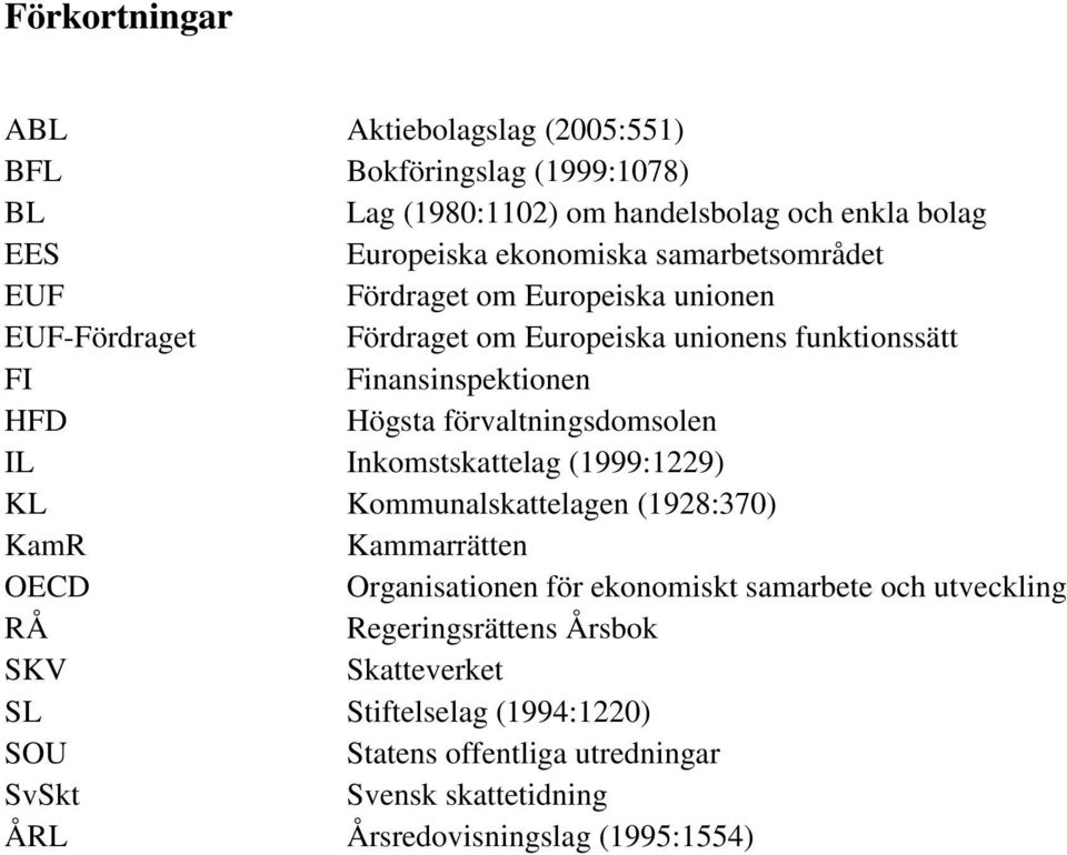 förvaltningsdomsolen IL Inkomstskattelag (1999:1229) KL Kommunalskattelagen (1928:370) KamR Kammarrätten OECD Organisationen för ekonomiskt samarbete och