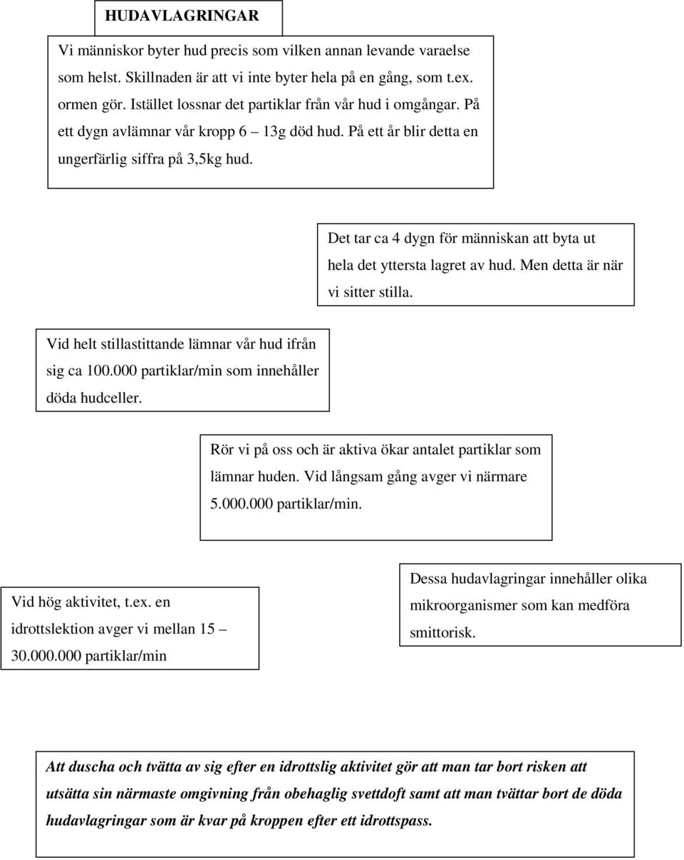 Det tar ca 4 dygn för människan att byta ut hela det yttersta lagret av hud. Men detta är när vi sitter stilla. Vid helt stillastittande lämnar vår hud ifrån sig ca 100.