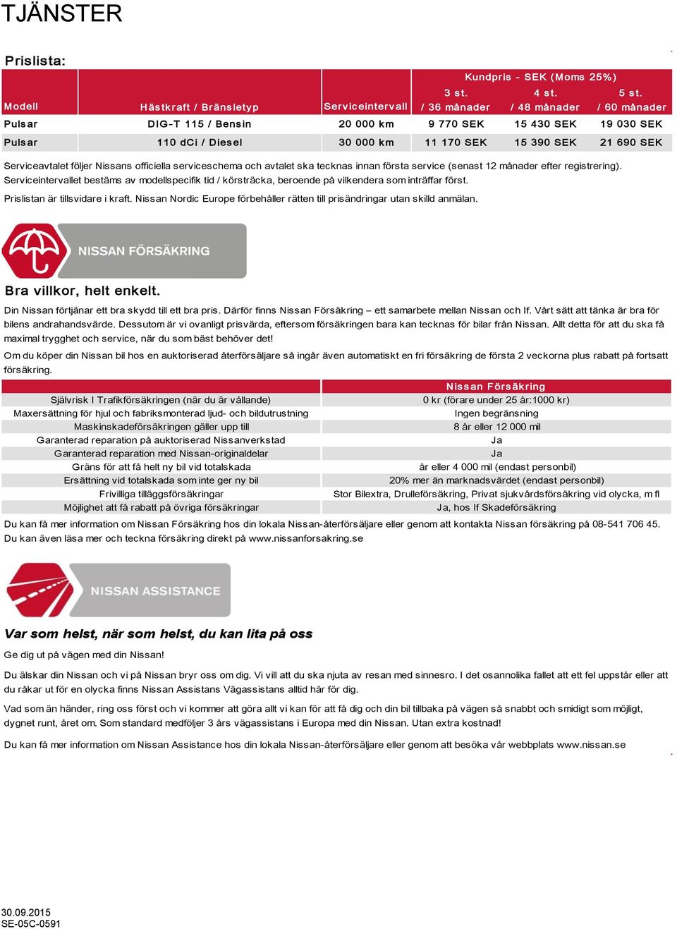 m 11 170 SEK 15 390 SEK 21 690 SEK Serviceavtalet följer Nissans officiella serviceschema och avtalet ska tecknas innan första service (senast 12 månader efter registrering).