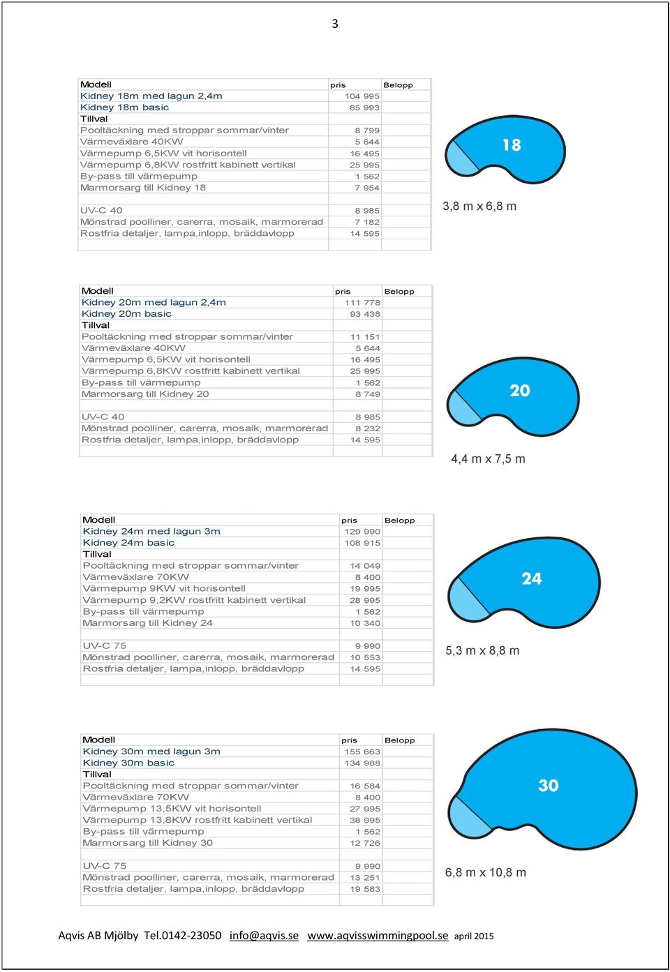 mosaik, marmorerad 8 232 4,4 m x 7,5 m Kidney 24m med lagun 3m 129 990 Kidney 24m basic 108 915 Pooltäckning med stroppar sommar/vinter 14 049 Värmepump 9KW vit horisontell 19 995 Värmepump 9,2KW