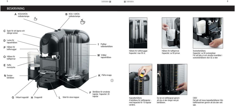 För att fylla ut och utnyttja innehållet i sockerbehållaren drar du ut den E Kaffemunstycke N Sockerbehållare K På/Av-knapp G Vikbart koppställ H Droppskål L Stöd för stora koppar.