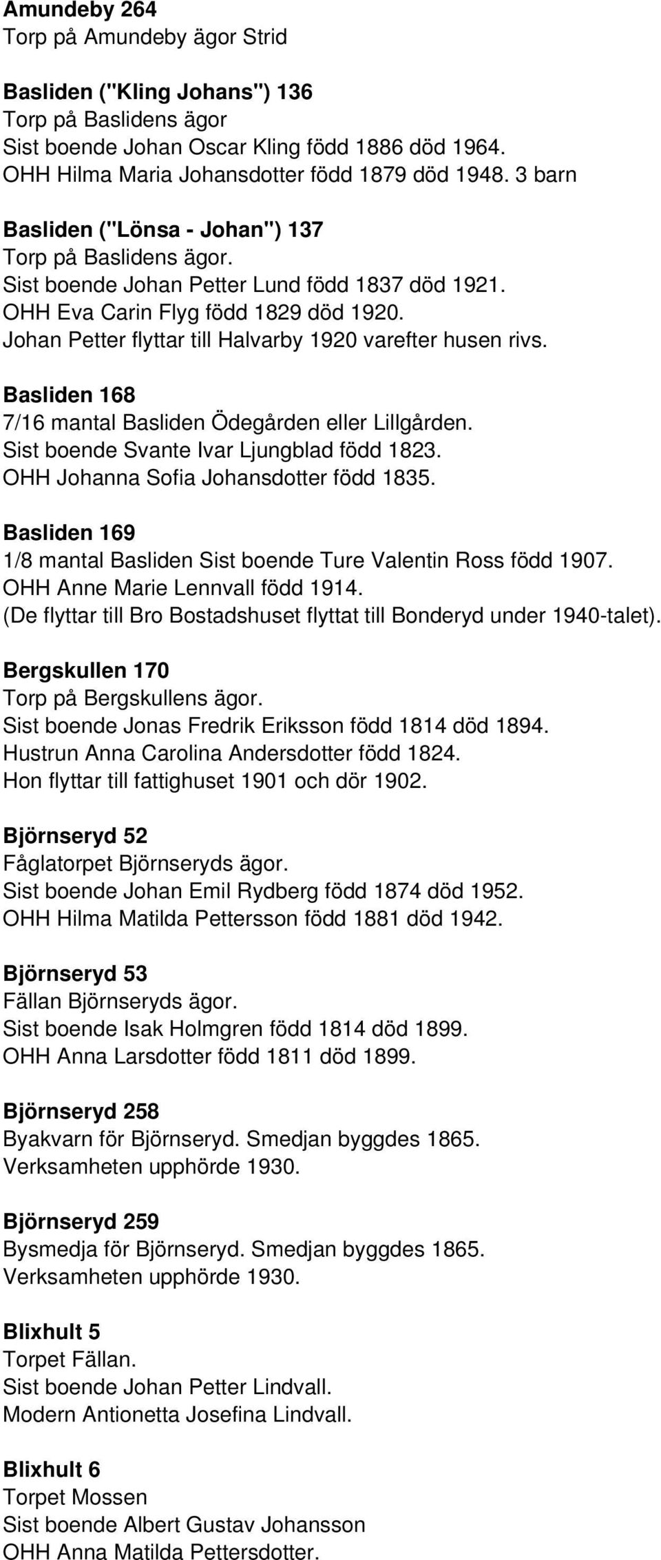 Johan Petter flyttar till Halvarby 1920 varefter husen rivs. Basliden 168 7/16 mantal Basliden Ödegården eller Lillgården. Sist boende Svante Ivar Ljungblad född 1823.