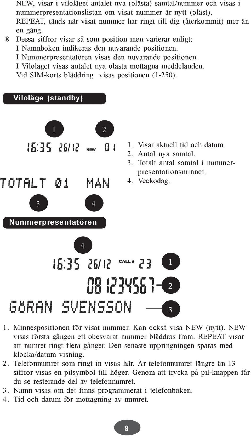 I Nummerpresentatören visas den nuvarande positionen. I Viloläget visas antalet nya olästa mottagna meddelanden. Vid SIM-korts bläddring visas positionen (1-250). Viloläge (standby) 1 2 1.