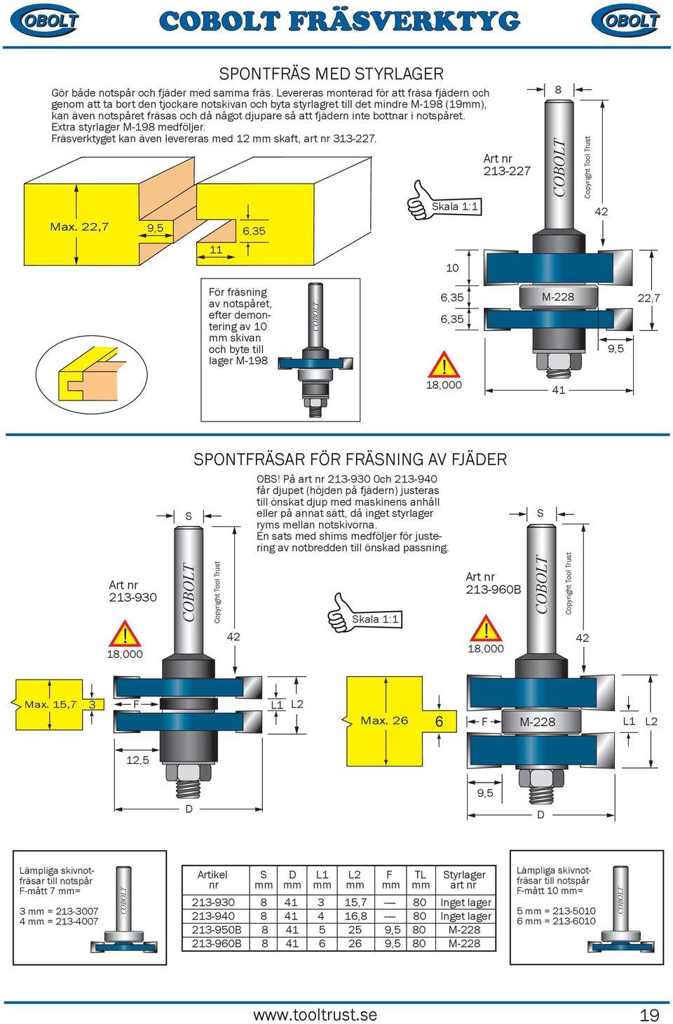 bottnar i notspåret. Extra styrlager M-19 medföljer. räsverktyget kan även levereras med skaft, art 313-227. 213-227 42 Max.