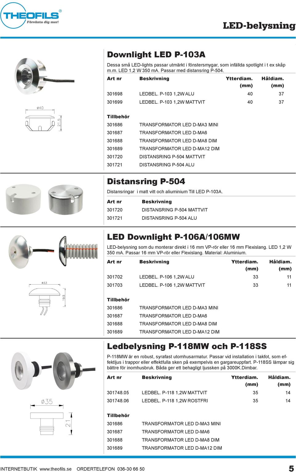 Art nr Beskrivning 301720 DISTANSRING P-504 MATTVIT 301721 DISTANSRING P-504 ALU LED Downlight P-106A/106MW som du monterar direkt i 16 mm VP-rör eller 16 mm Flexislang. LED 1,2 W 350 ma.