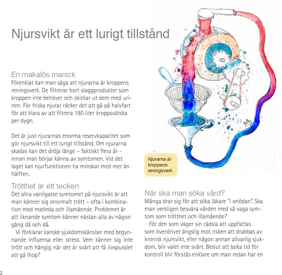 Det är just njurarnas enorma reservkapacitet som gör njursvikt till ett lurigt tillstånd. Om njurarna skadas kan det dröja länge faktiskt flera år - innan man börjar känna av symtomen.