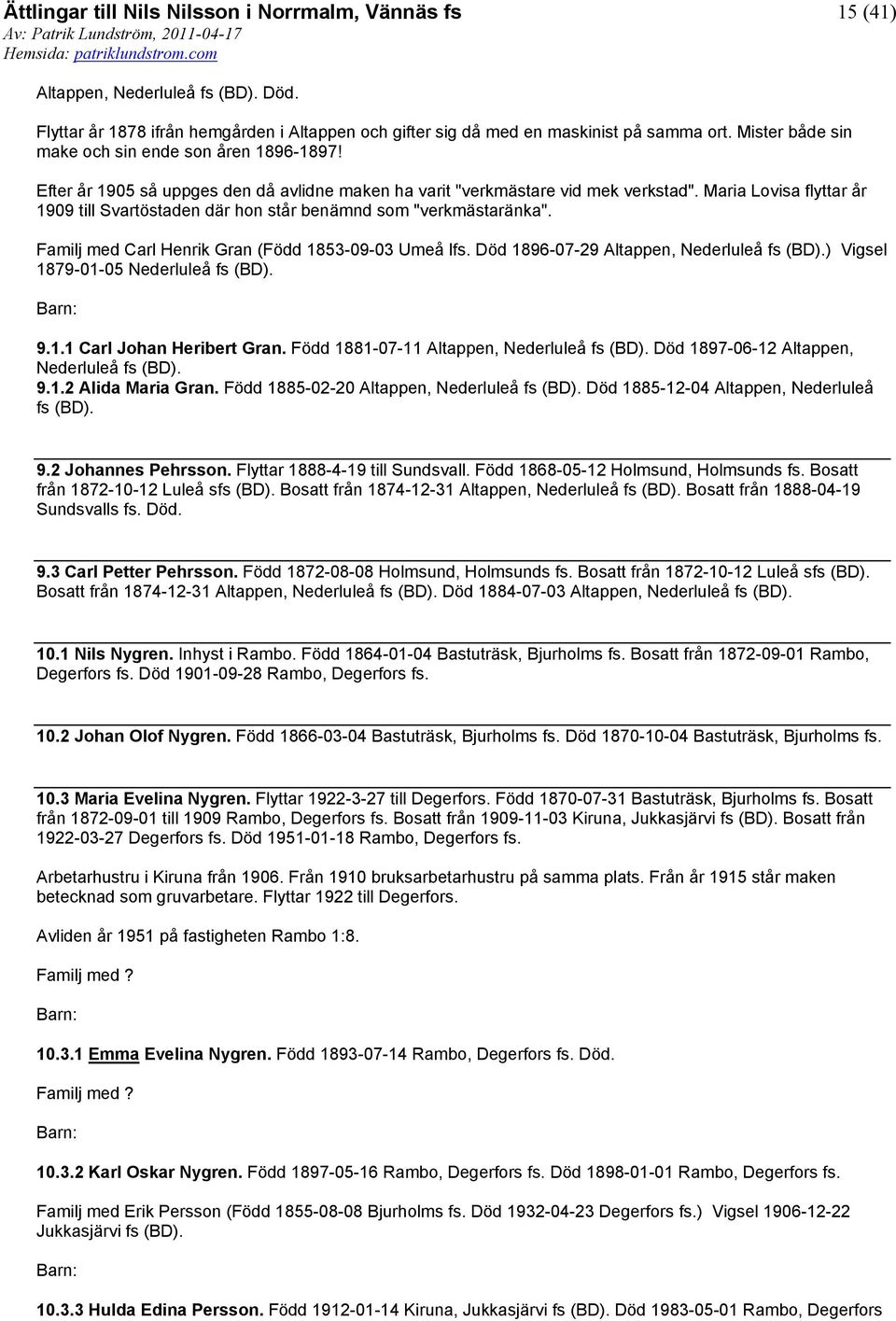 Familj med Carl Henrik Gran (Född 1853-09-03 Umeå lfs. Död 1896-07-29 Altappen, Nederluleå fs (BD).) Vigsel 1879-01-05 Nederluleå fs (BD). 9.1.1 Carl Johan Heribert Gran.