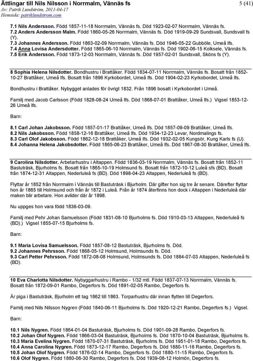 Född 1865-06-10 Norrmalm, Vännäs fs. Död 1902-06-15 Kolksele, Vännäs fs. 7.5 Erik Andersson. Född 1873-12-03 Norrmalm, Vännäs fs. Död 1957-02-01 Sundsvall, Sköns fs (Y). 8 Sophia Helena Nilsdotter.