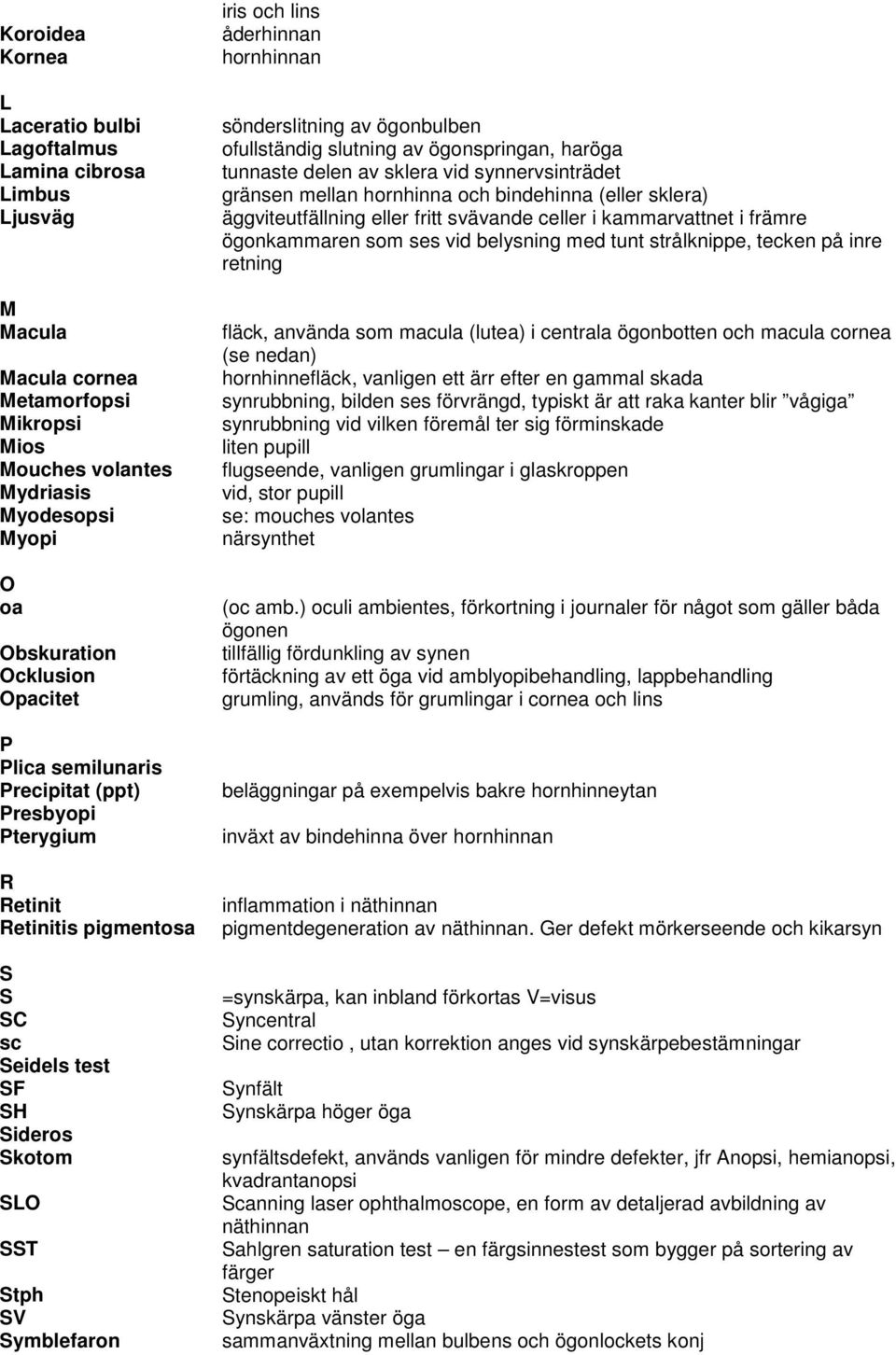 hornhinnan sönderslitning av ögonbulben ofullständig slutning av ögonspringan, haröga tunnaste delen av sklera vid synnervsinträdet gränsen mellan hornhinna och bindehinna (eller sklera)