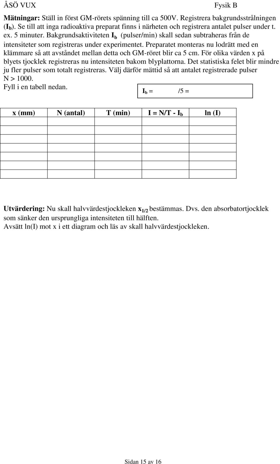 Preparatet monteras nu lodrätt med en klämmare så att avståndet mellan detta och GM-röret blir ca 5 cm. För olika värden x på blyets tjocklek registreras nu intensiteten bakom blyplattorna.