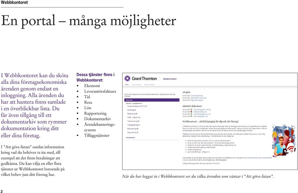 Dessa tjänster finns i Webbkontoret: Ekonomi Leverantörsfaktura Tid Resa Lön Rapportering Dokumentarkiv Ärendehanteringssystem Tilläggstjänster I Att göra-listan samlas information kring vad