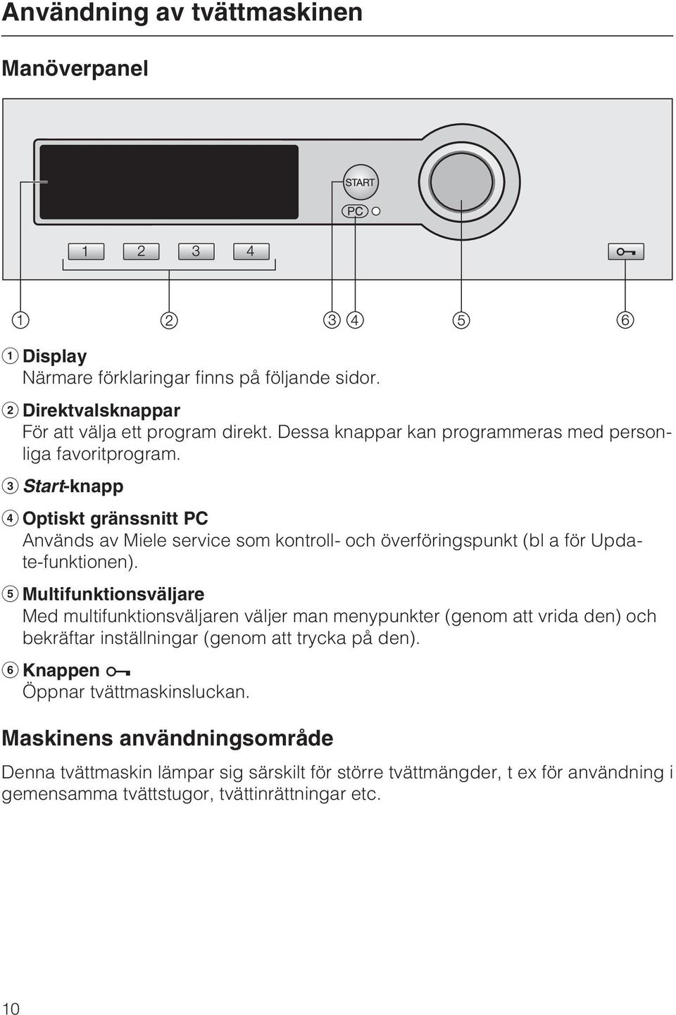 c Start-knapp d Optiskt gränssnitt PC Används av Miele service som kontroll- och överföringspunkt (bl a för Update-funktionen).