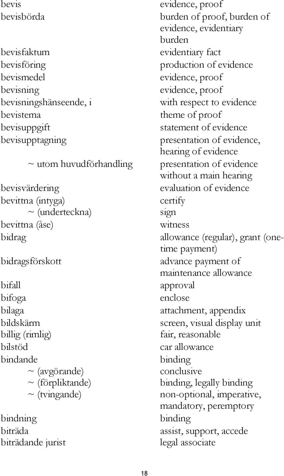 bevisningshänseende, i bevistema bevisuppgift bevisupptagning bevisvärdering evaluation of evidence bevittna (intyga) certify ~ (underteckna) sign bevittna (åse) witness bidrag allowance (regular),