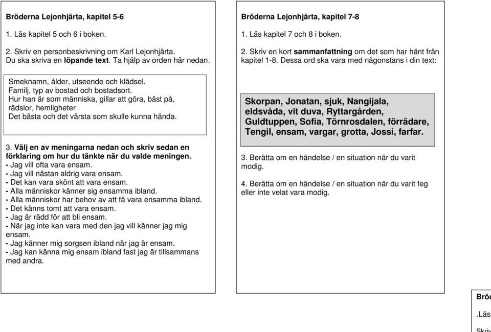 Läsa kapitel 5 och 6 i boken. Familj, typ av bostad och bostadsort. Hur han är som människa, gillar att göra, bäst på, 2. Skriv en personbeskrivning om Karl Lejonhjärta.