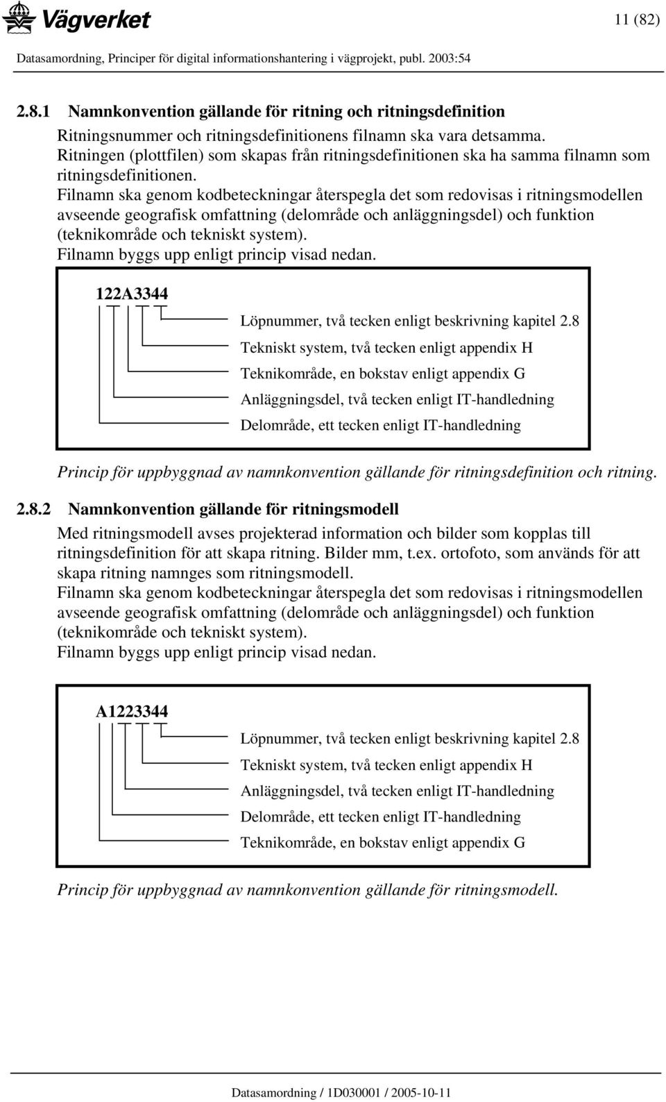 Filnamn ska genom kodbeteckningar återspegla det som redovisas i ritningsmodellen avseende geografisk omfattning (delområde och anläggningsdel) och funktion (teknikområde och tekniskt system).