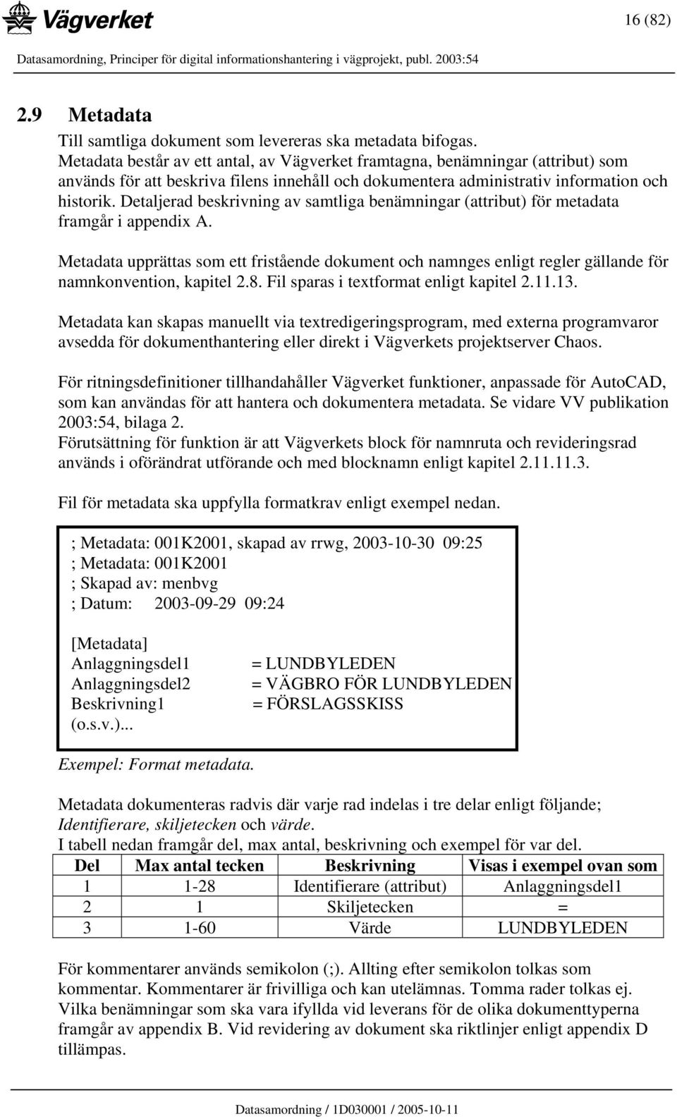 Detaljerad beskrivning av samtliga benämningar (attribut) för metadata framgår i appendix A.