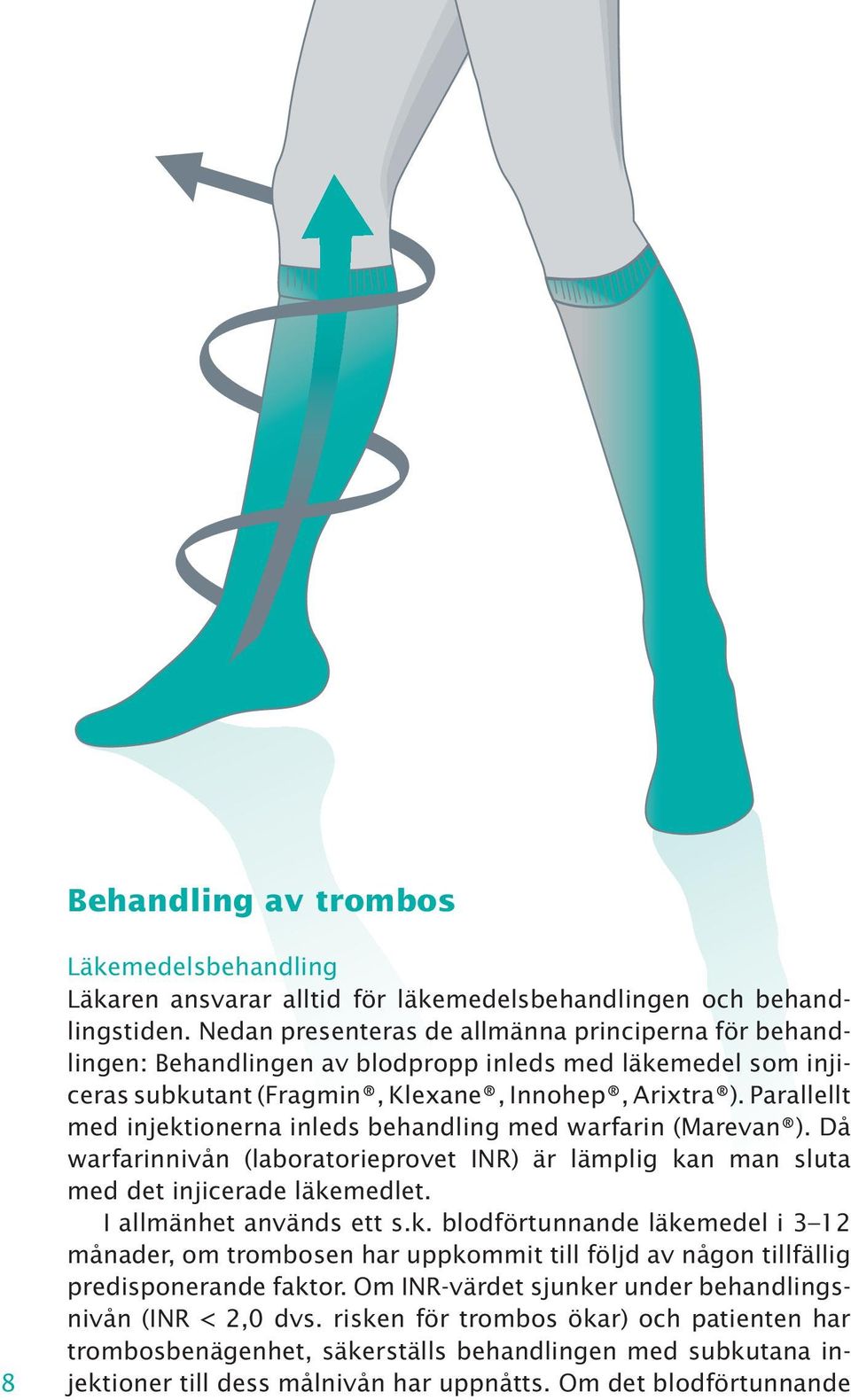 Parallellt med injektionerna inleds behandling med warfarin (Marevan ). Då warfarinnivån (laboratorieprovet INR) är lämplig kan man sluta med det injicerade läkemedlet. I allmänhet används ett s.k. blodförtunnande läkemedel i 3 12 månader, om trombosen har uppkommit till följd av någon tillfällig predisponerande faktor.