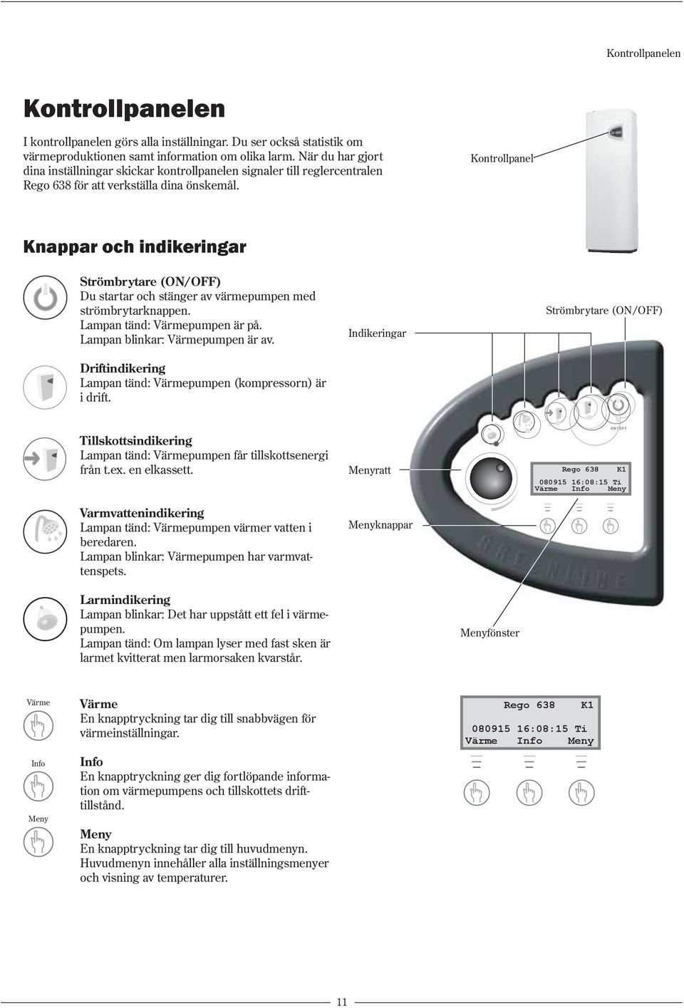 Kontrollpanel Knappar och indikeringar Strömbrytare (ON/OFF) Du startar och stänger av värmepumpen med strömbrytarknappen. Lampan tänd: Värmepumpen är på. Lampan blinkar: Värmepumpen är av.