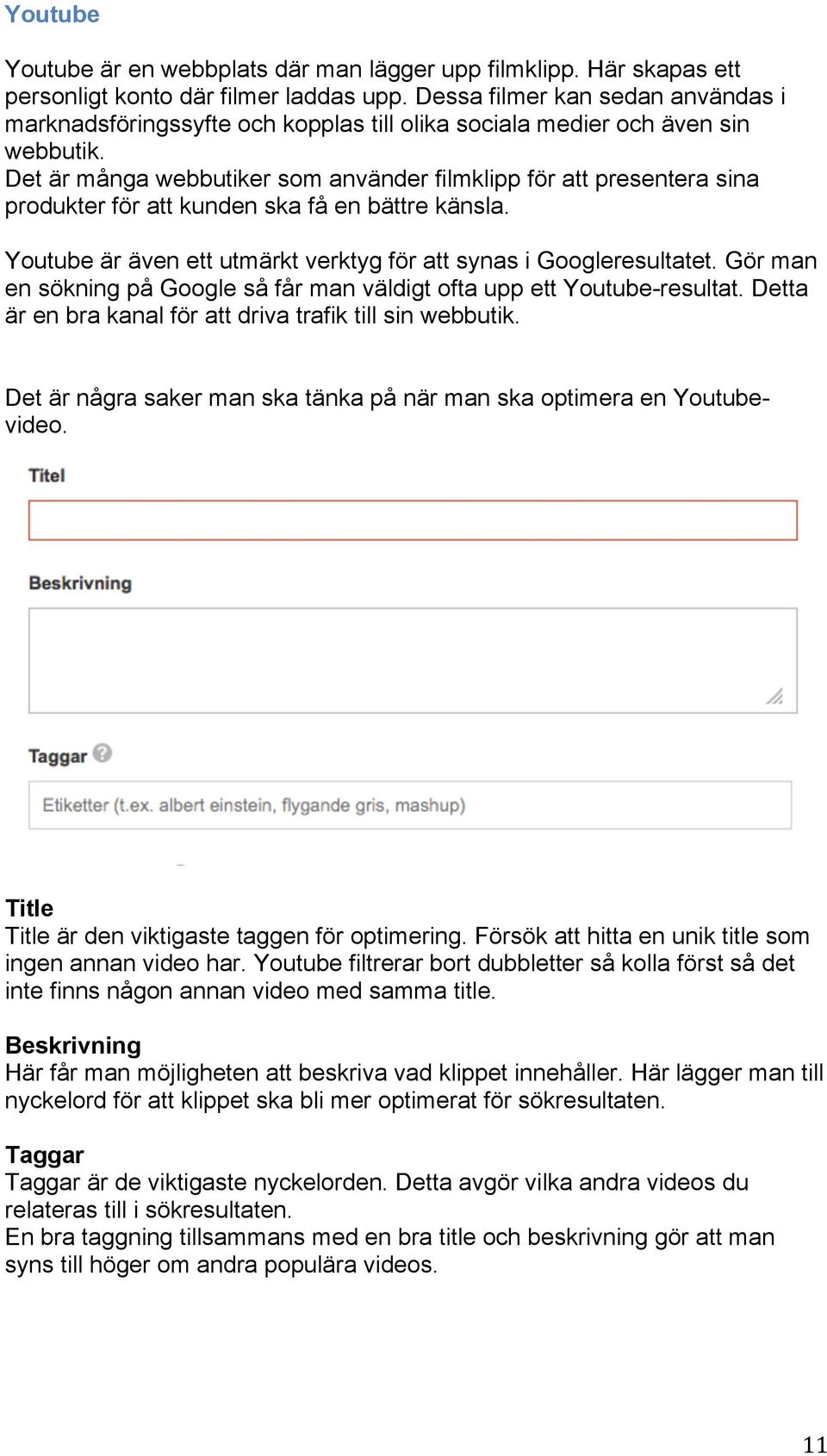 Det är många webbutiker som använder filmklipp för att presentera sina produkter för att kunden ska få en bättre känsla. Youtube är även ett utmärkt verktyg för att synas i Googleresultatet.