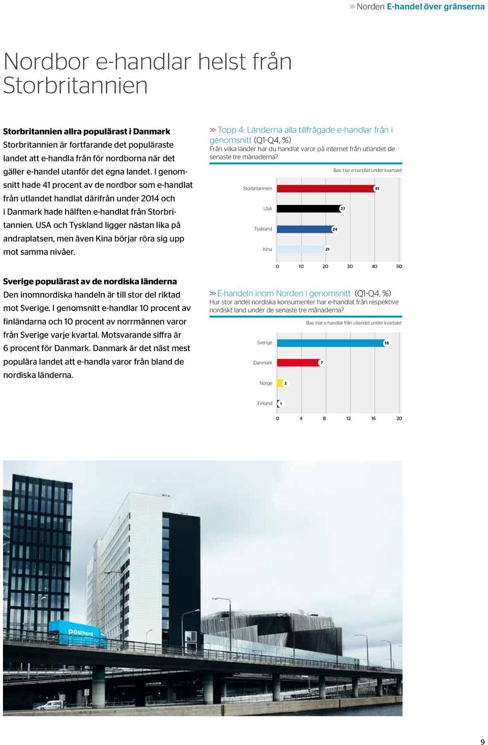 I genomsnitt hade 41 procent av de nordbor som e-handlat från utlandet handlat därifrån under 2014 och i Danmark hade hälften e-handlat från Storbritannien.