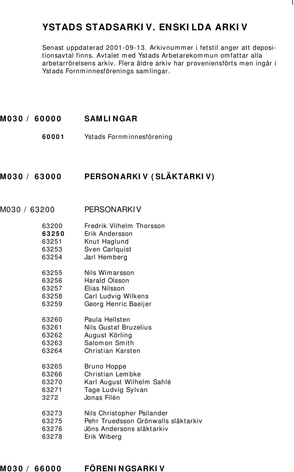 M030 / 60000 SAMLINGAR 60001 Ystads Fornminnesförening M030 / 63000 PERSONARKIV (SLÄKTARKIV) M030 / 63200 PERSONARKIV 63200 Fredrik Vilhelm Thorsson 63250 Erik Andersson 63251 Knut Haglund 63253 Sven