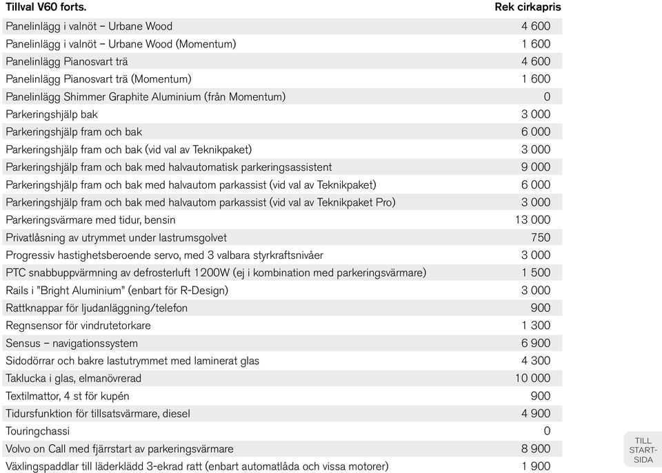 Aluminium (från Momentum) 0 Parkeringshjälp bak 3 000 Parkeringshjälp fram och bak 6 000 Parkeringshjälp fram och bak (vid val av Teknikpaket) 3 000 Parkeringshjälp fram och bak med halvautomatisk