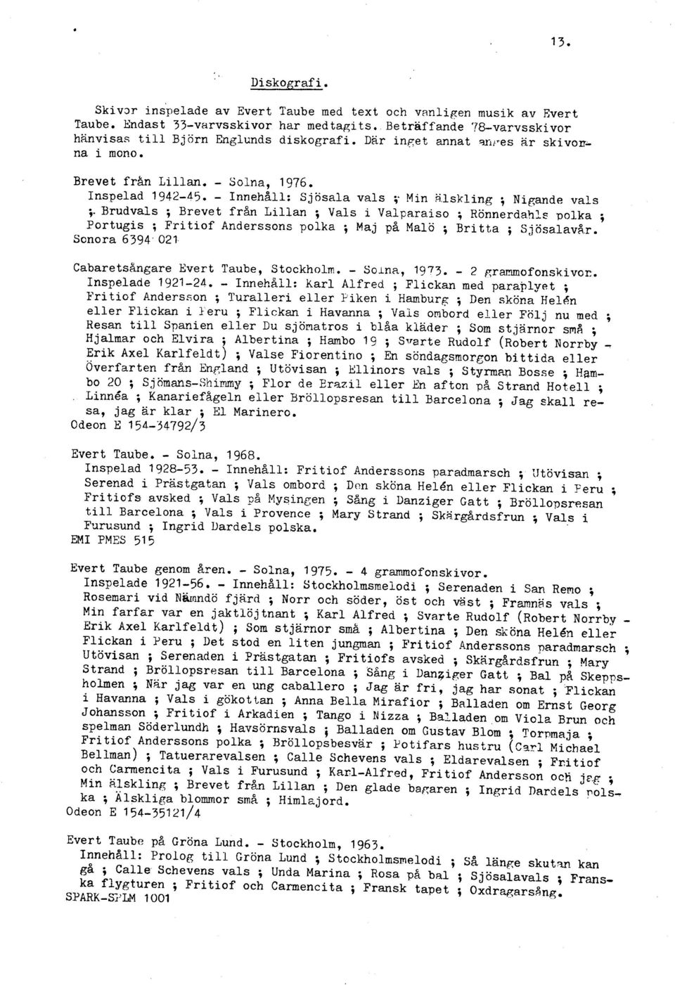Hrudvals ; Brevet fr%n Lillan ; Vals i Valparaiso ; Hönnerdahle polka ; Portugis ; Fritiof Anderssons polka ; Maj på Malö ; Britts ; Sjösalav5,r.
