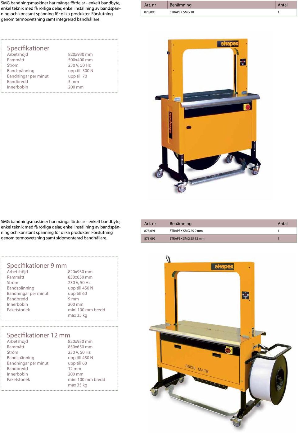 878,090 STRAPEX SMG 10 1 Specifikationer Arbetshöjd 820x930 mm Rammått 500x400 mm Ström 230 V, 50 Hz upp till 300 N Bandningar per minut upp till 70 Bandbredd 5 mm Innerbobin 200 mm  Förslutning