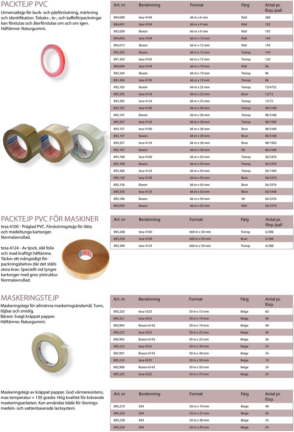 66 m x 12 mm Transp 144 891,303 tesa 4105 66 m x 15 mm Transp 120 894,694 tesa 4104 66 m x 19 mm Röd 96 892,204 Boxon 66 m x 19 mm Transp 96 891,304 tesa 4105 66 m x 19 mm Transp 96 /pall 892,105