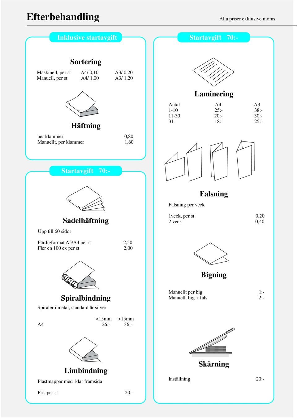 38:- 11-30 20:- 30:- 31-18:- 25:- Startavgift 70:- Falsning per veck Falsning Upp till 60 sidor Sadelhäftning 1veck, per st 0,20 2 veck 0,40 Färdigformat A5/A4 per