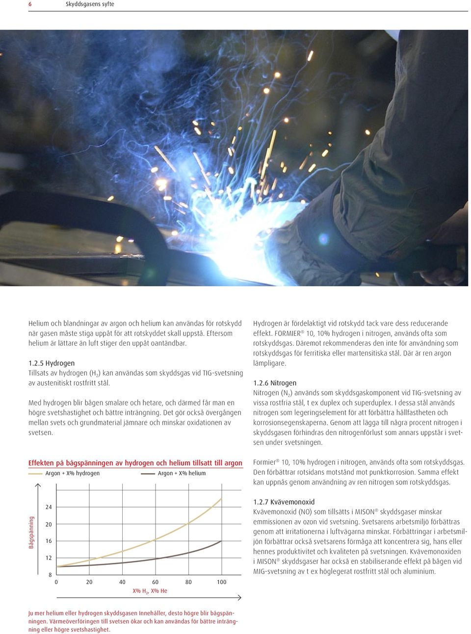 Med hydrogen blir bågen smalare och hetare, och därmed får man en högre svetshastighet och bättre inträngning.
