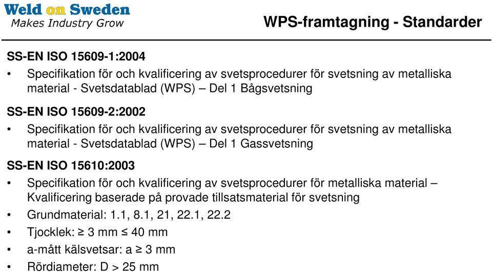 - Svetsdatablad (WPS) Del 1 Gassvetsning SS-EN ISO 15610:2003 Specifikation för och kvalificering av svetsprocedurer för metalliska material