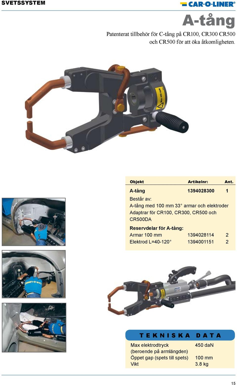 A-tång 1394028300 1 Består av: A-tång med 100 mm 33 armar och elektroder Adaptrar för CR100, CR300, CR500