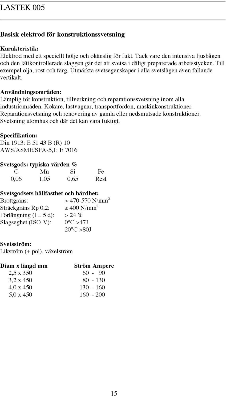 Utmärkta svetsegenskaper i alla svetslägen även fallande vertikalt. Lämplig för konstruktion, tillverkning och reparationssvetsning inom alla industriområden.