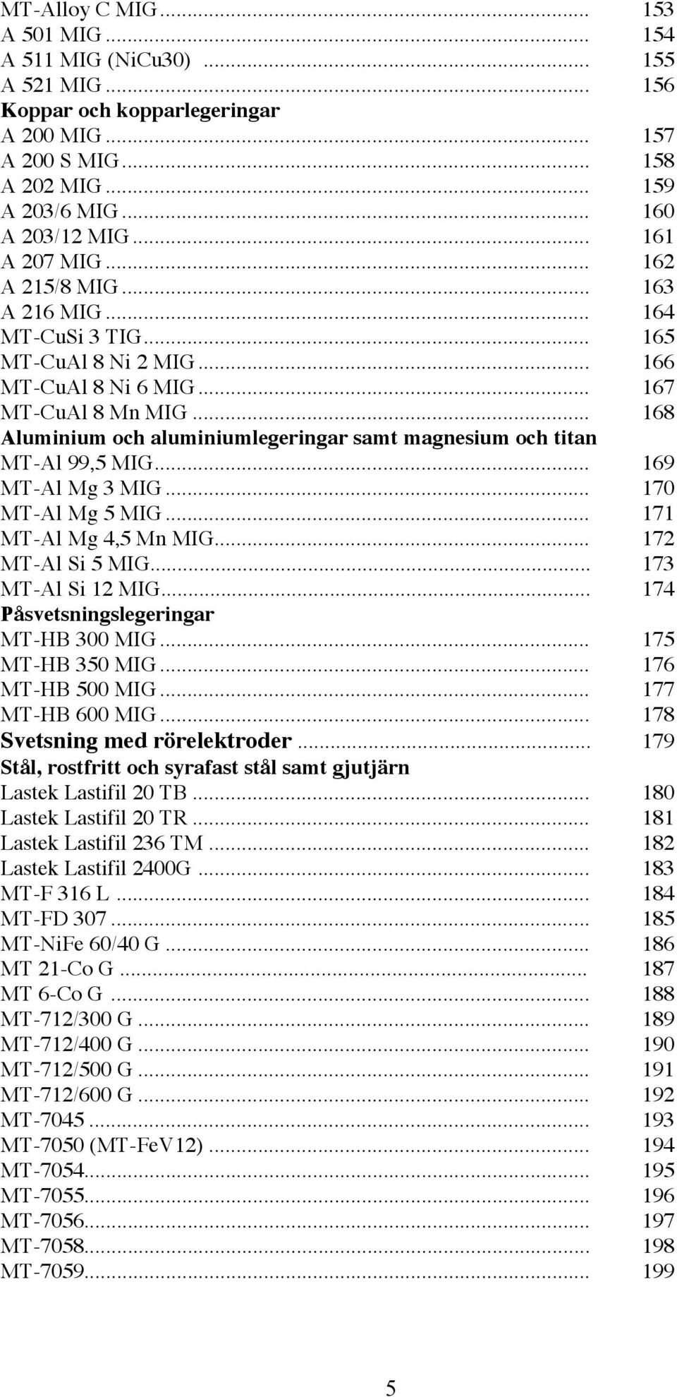 .. 168 Aluminium och aluminiumlegeringar samt magnesium och titan MT-Al 99,5 MIG... 169 MT-Al Mg 3 MIG... 170 MT-Al Mg 5 MIG... 171 MT-Al Mg 4,5 Mn MIG... 172 MT-Al Si 5 MIG... 173 MT-Al Si 12 MIG.