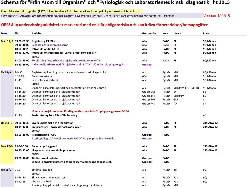 Alla undervisningsaktiviteter markerad med en # är obligatoriska och kan kräva förberedelser/hemuppgifter Datum Tid Aktivitet Grupp/alla Kurs Lärare Plats Mån 14/9 09.00 09.