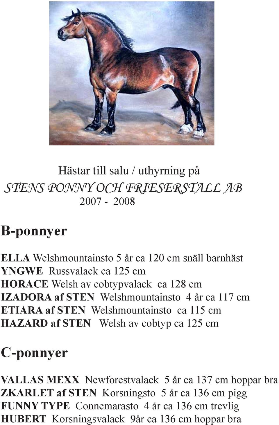 STEN Welshmountainsto ca 115 cm HAZARD af STEN Welsh av cobtyp ca 125 cm C-ponnyer VALLAS MEXX Newforestvalack 5 år ca 137 cm hoppar