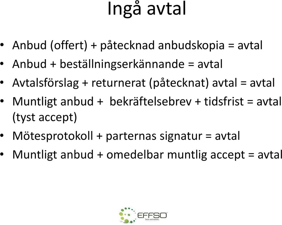 avtal Muntligt anbud + bekräftelsebrev + tidsfrist = avtal (tyst accept)