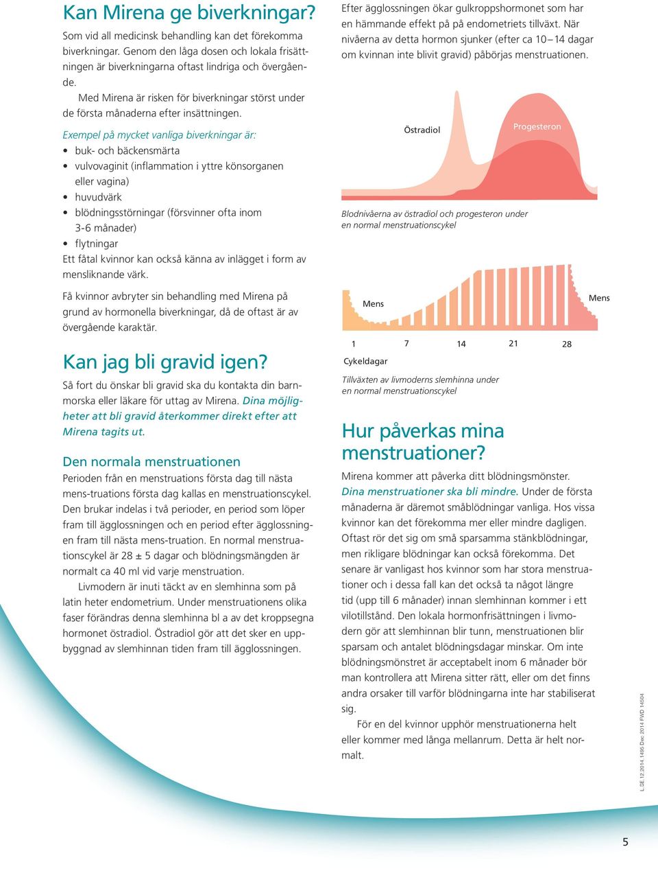 Exempel på mycket vanliga biverkningar är: buk- och bäckensmärta vulvovaginit (inflammation i yttre könsorganen eller vagina) huvudvärk blödningsstörningar (försvinner ofta inom 3-6 månader)