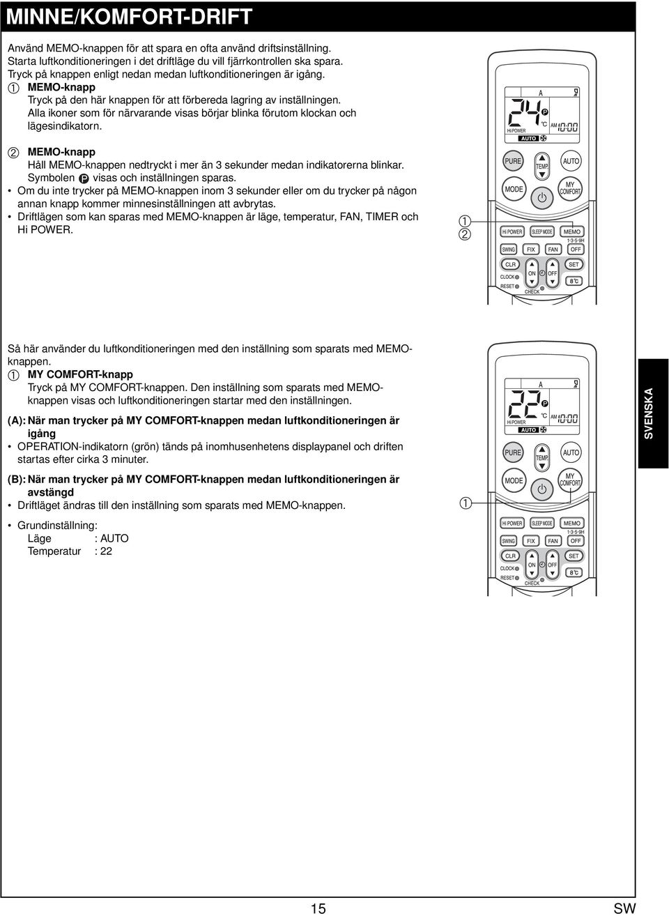 All ikoner som för närvrnde viss örjr link förutom klockn och lägesindiktorn. MEMO-knpp Håll MEMO-knppen nedtryckt i mer än 3 sekunder medn indiktorern linkr. Symolen viss och inställningen sprs.