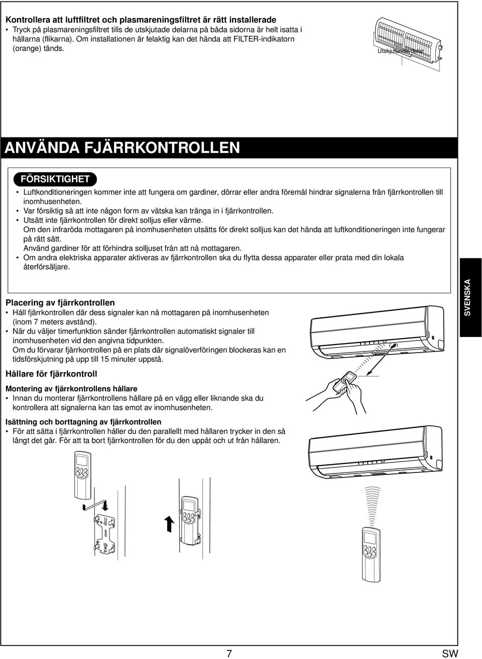 Utskjutnde delr ANVÄNDA FJÄRRKONTROLLEN FÖRSIKTIGHET Luftkonditioneringen kommer inte tt funger om grdiner, dörrr eller ndr föremål hindrr signlern från fjärrkontrollen till inomhusenheten.