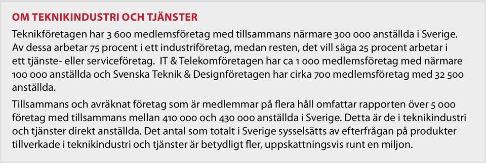 IT & Telekomföretagen har ca 1 000 medlemsföretag med närmare 100 000 anställda och Svenska Teknik & Designföretagen har cirka 700 medlemsföretag med 32 500 anställda.